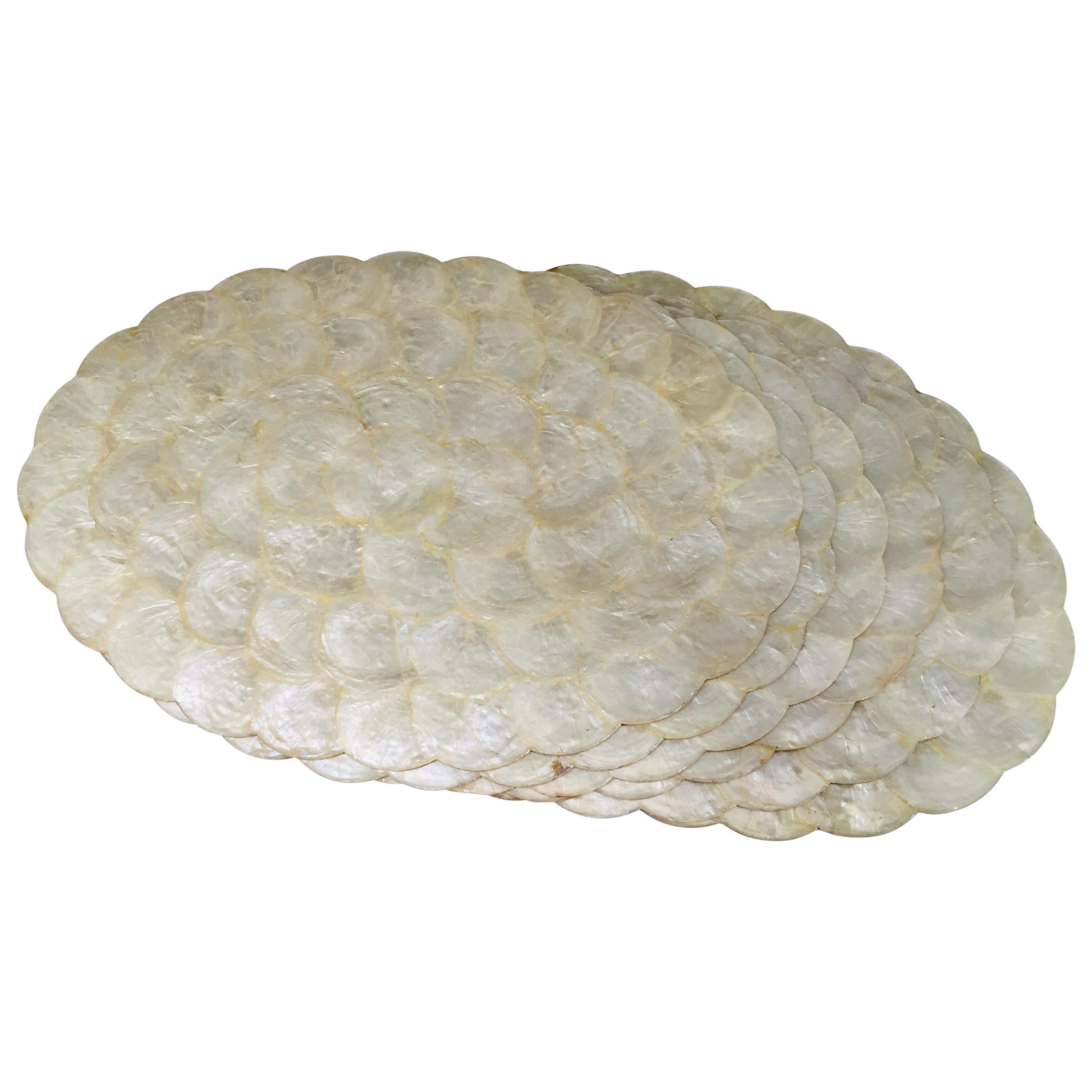 Handcrafted Six Placemats in Natural Capiz Pearl Shell Scalloped Edge