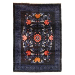 Fine Antique Indigo Blue Chinese Rug with Lotus Flowers