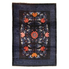 Fine Antique Indigo Blue Chinese Rug with Lotus Flowers