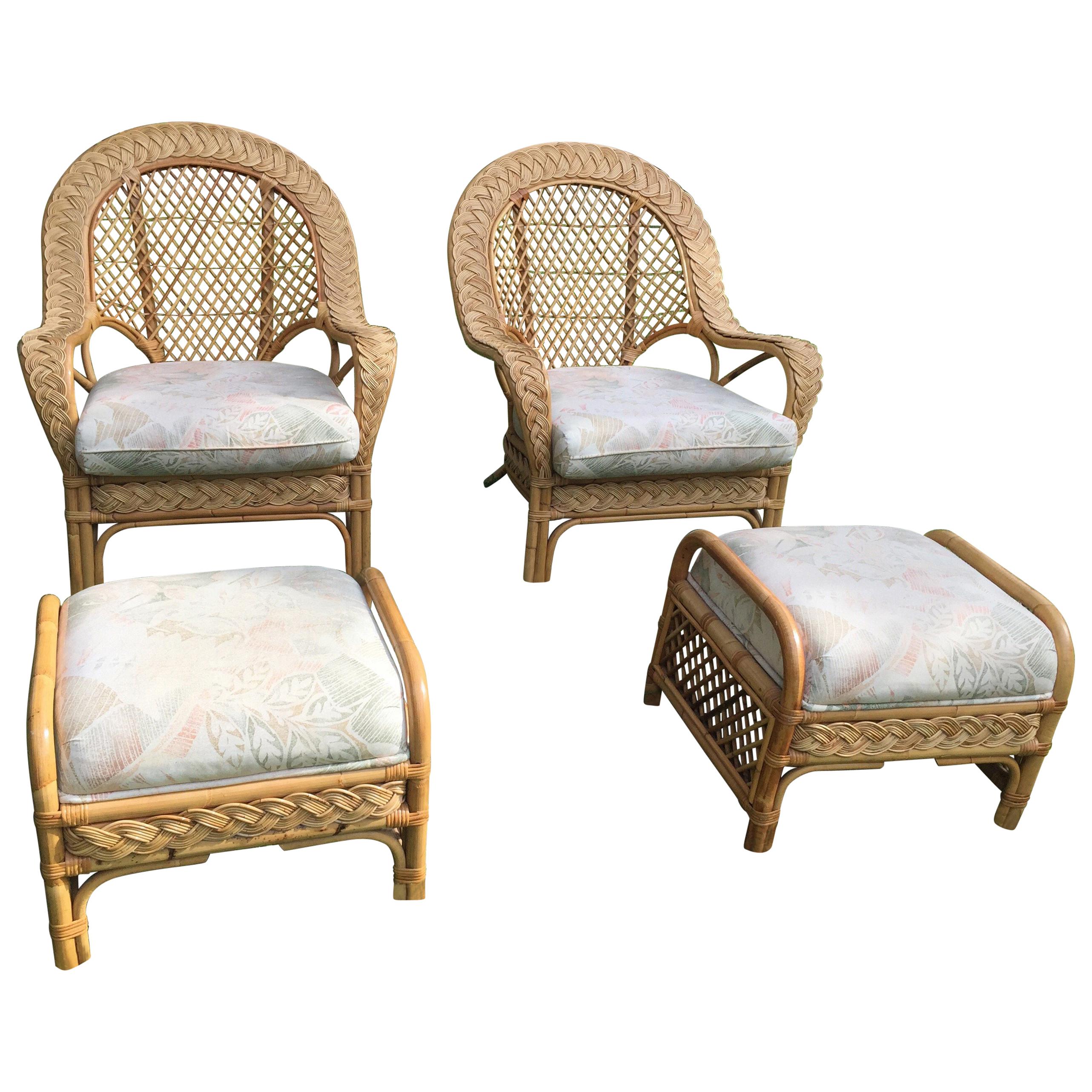 Oversized Bamboo & Rattan Armchairs and Ottomans, Pair For Sale