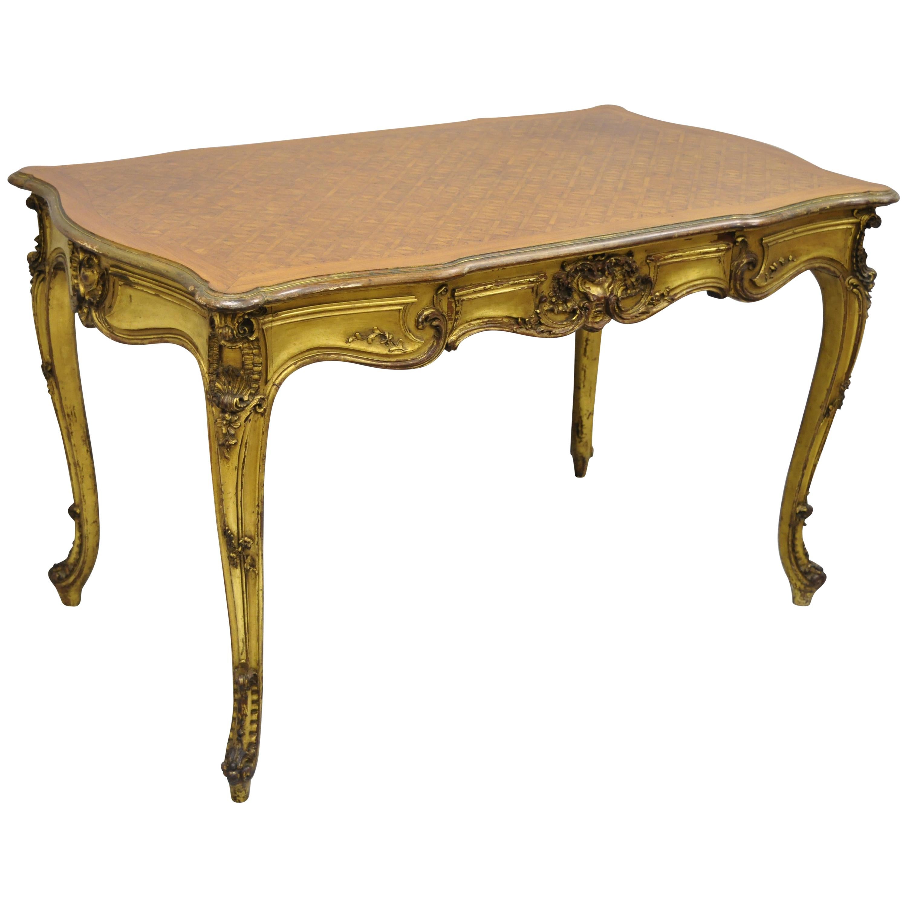 French Louis XV Style Gold Gilt Writing Desk with Marquetry Inlaid Top For Sale