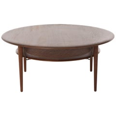 Vintage Danish Modern Round Teak Coffee Table with Floating Rattan Shelf