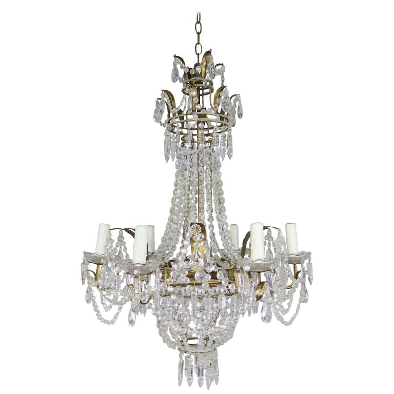 Six Light French Gilt Metal Crystal Beaded Chandelier Circa 1900s Six Light French Gilt Metal Crystal Beaded Chandelier Circa 1900s For