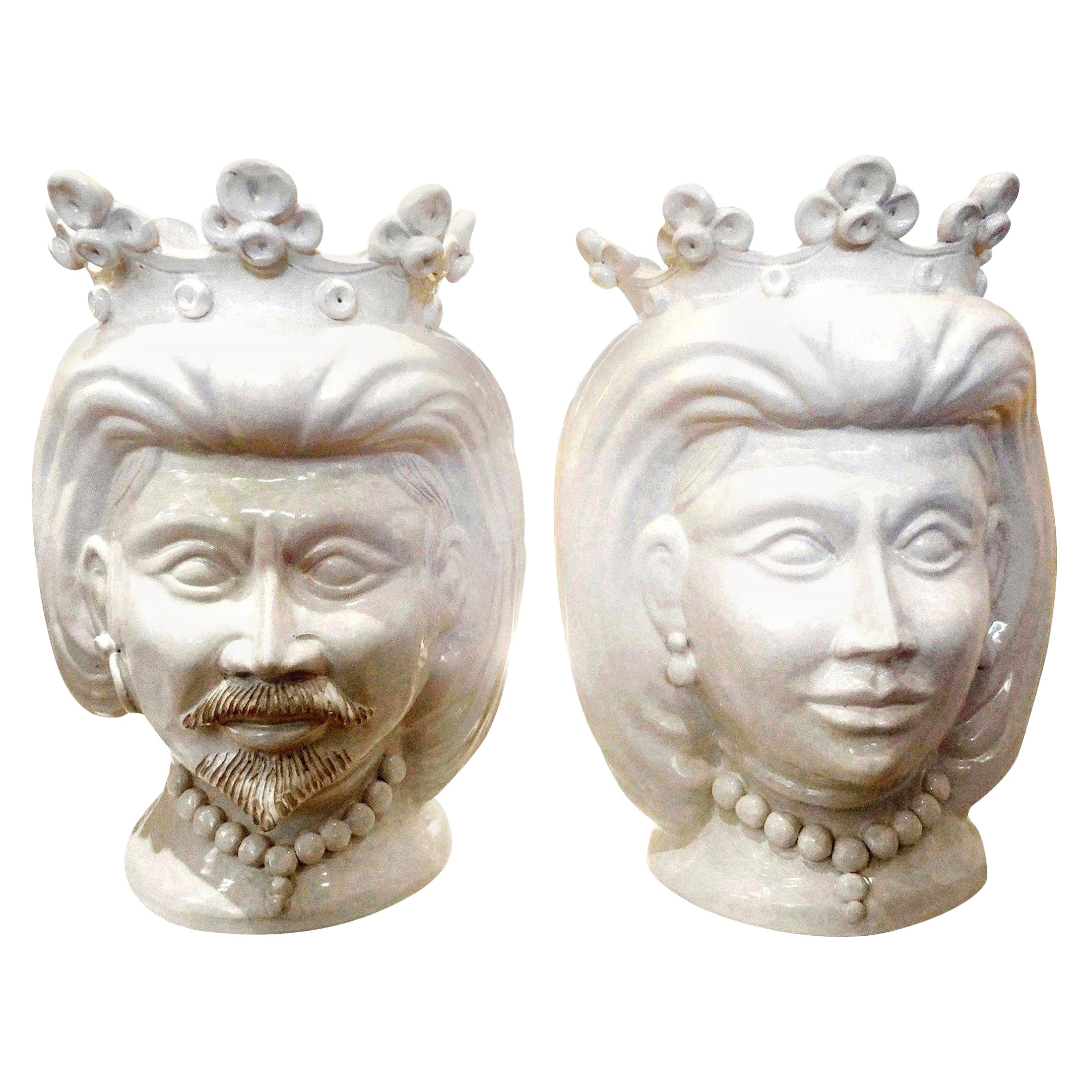 Monumental Pair of 20th Century of Italian Glazed Terracotta Bust Jardinières
