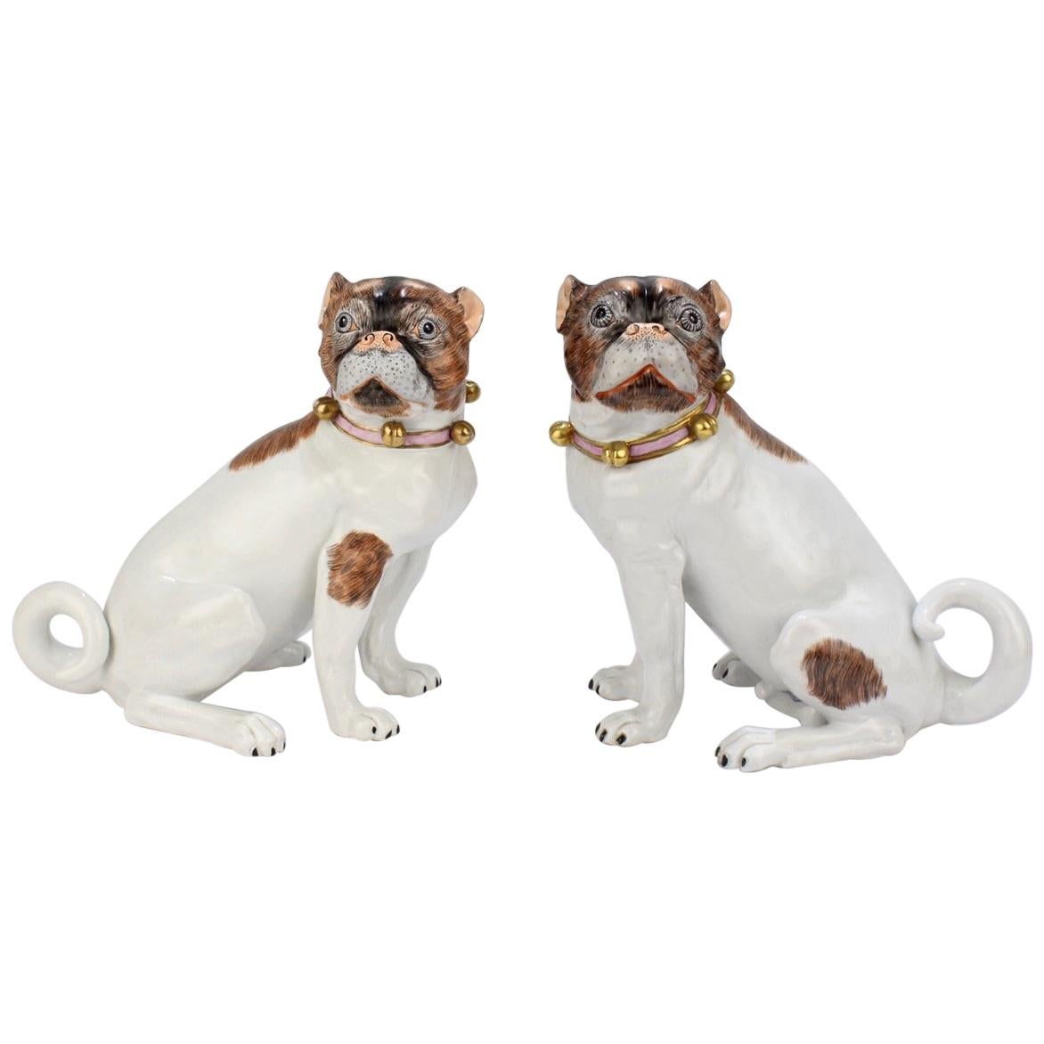 Matched Pair of Dresden Porcelain Pug Dog Figurines 