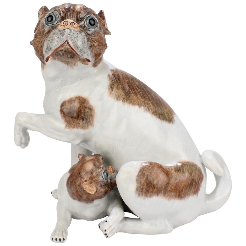 Large Dresden Porcelain Pug Dog Mother and Puppy Figurine or Model