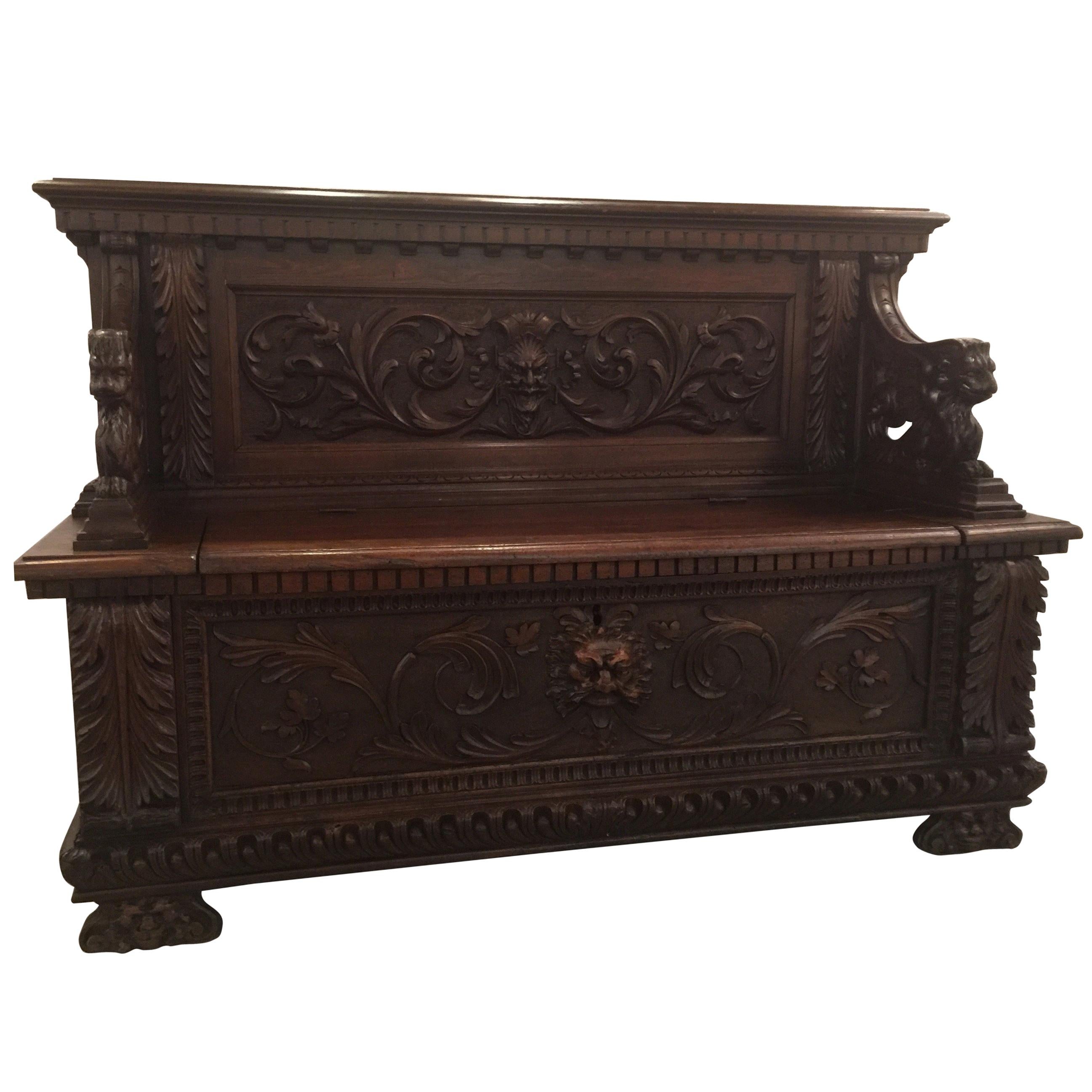 Hand Carved Gothic European Walnut Hall Bench with Griffins, circa Late 1800s