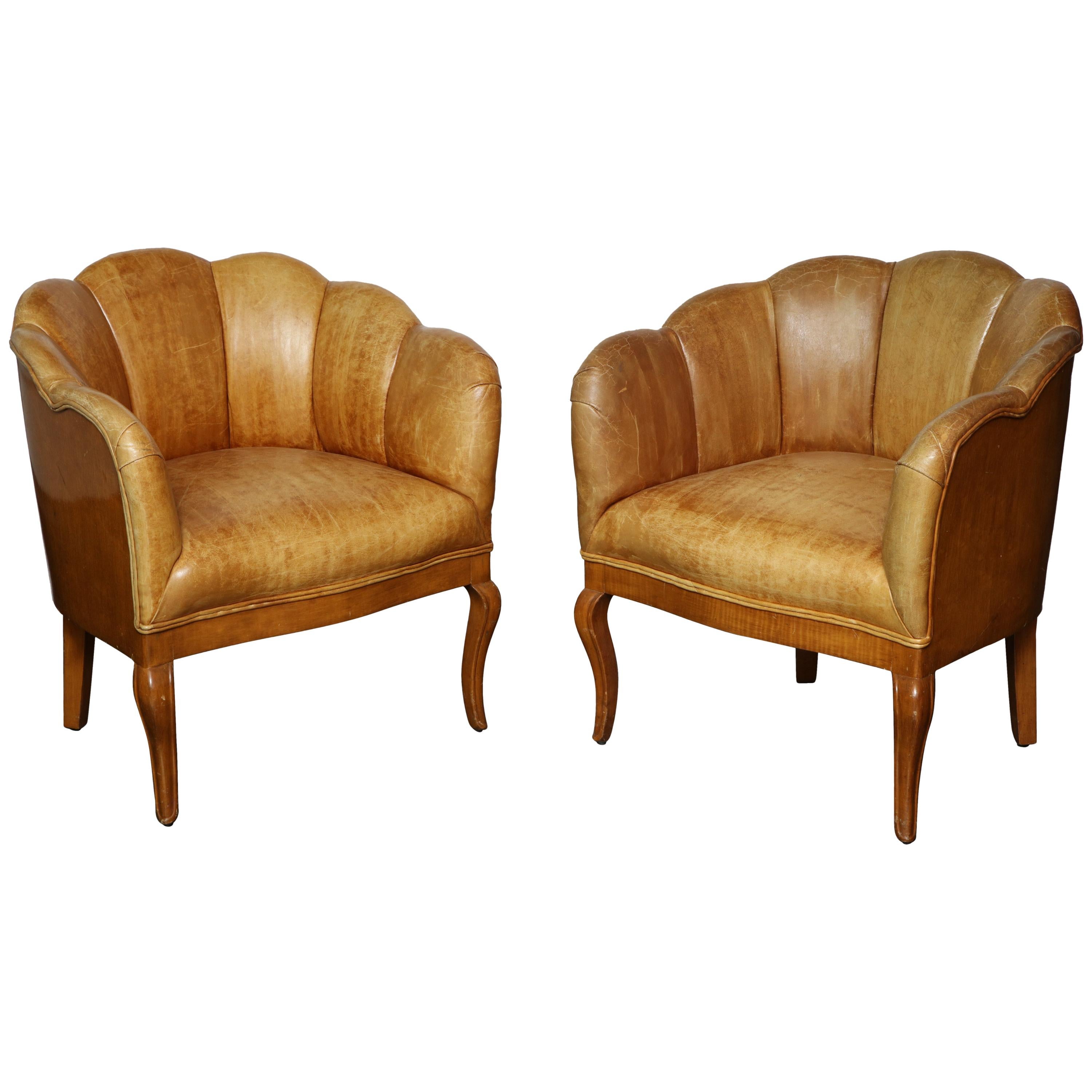 Pair of Vintage Leather Channel Back Petite Chairs