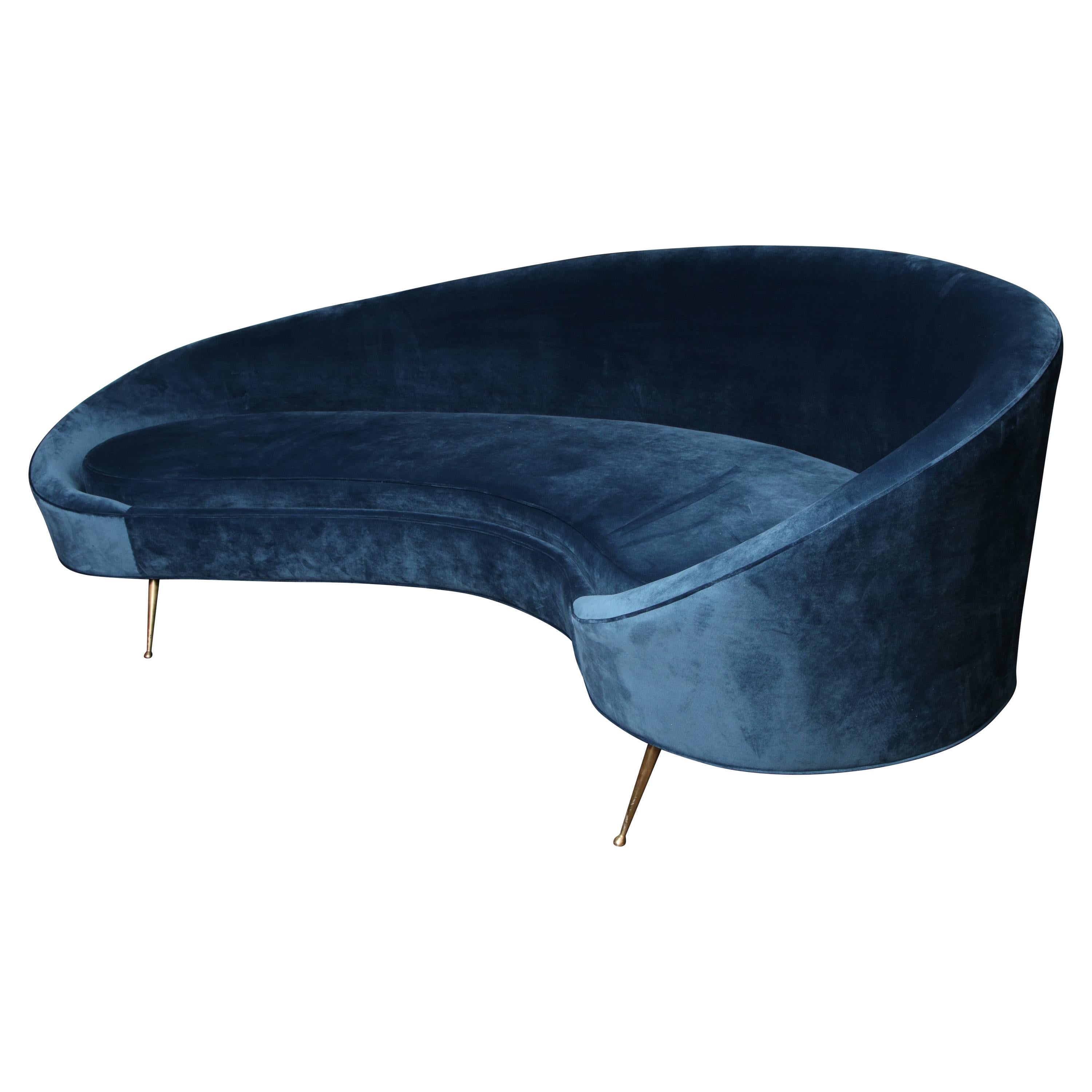 Custom Curved Sofa in Blue Velvet