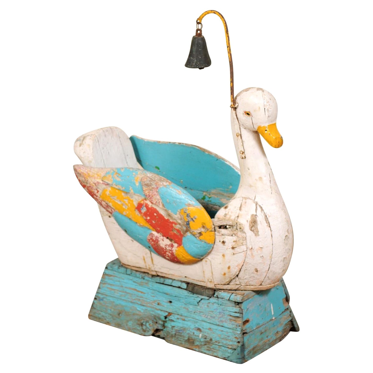 19th Century Painted Wood Carousel Swan Child's Seat with Bell For Sale