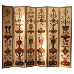 Antique 19th Century Italian Six-Panel Painted Wood Folding Screen in Gilt Bronze Frame