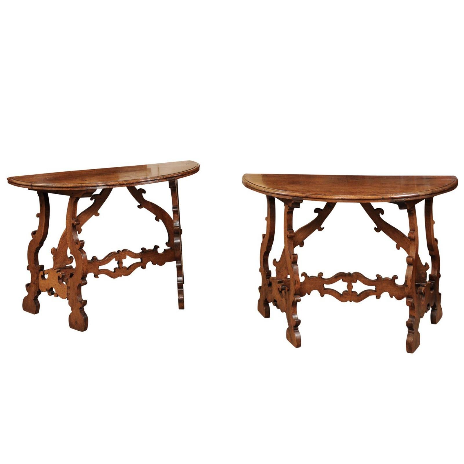 Pair of 18th Century Italian Walnut Demilune Consoles with Lyre Shaped Legs