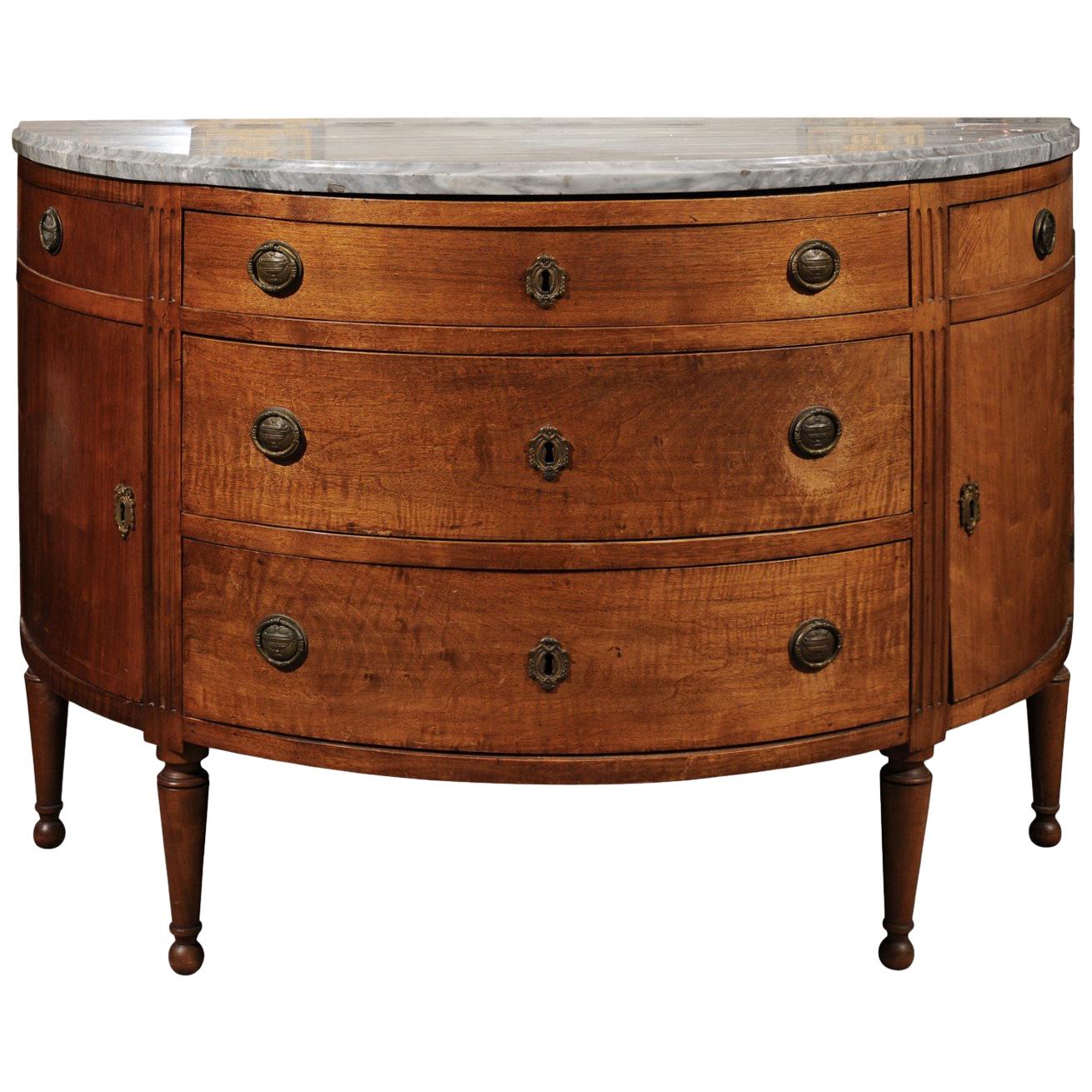 Italian Neoclassical Walnut Demilune Commode with Grey Marble Top, circa 1800