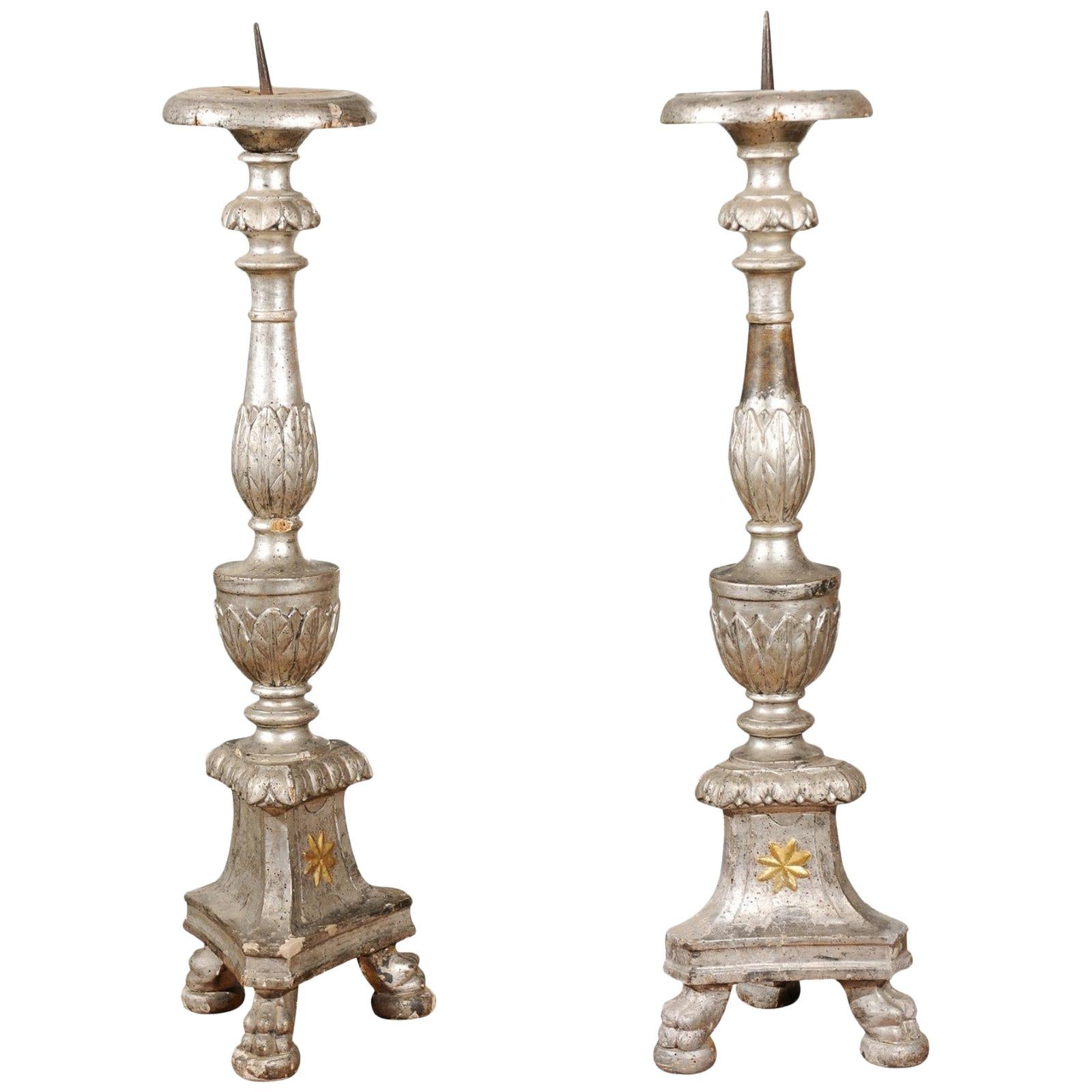 Pair of Italian 18th Century Silver Candlesticks with Gilt Star and Waterleaves For Sale