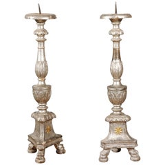 Pair of Italian 18th Century Silver Candlesticks with Gilt Star and Waterleaves