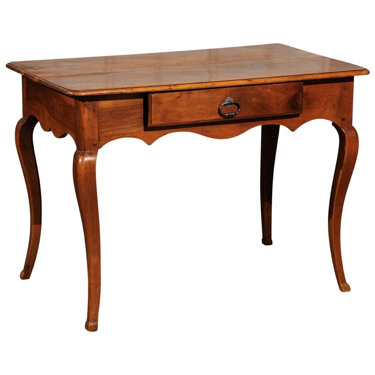 French Period Louis XV 18th Century Walnut Table with Drawer and Cabriole Legs