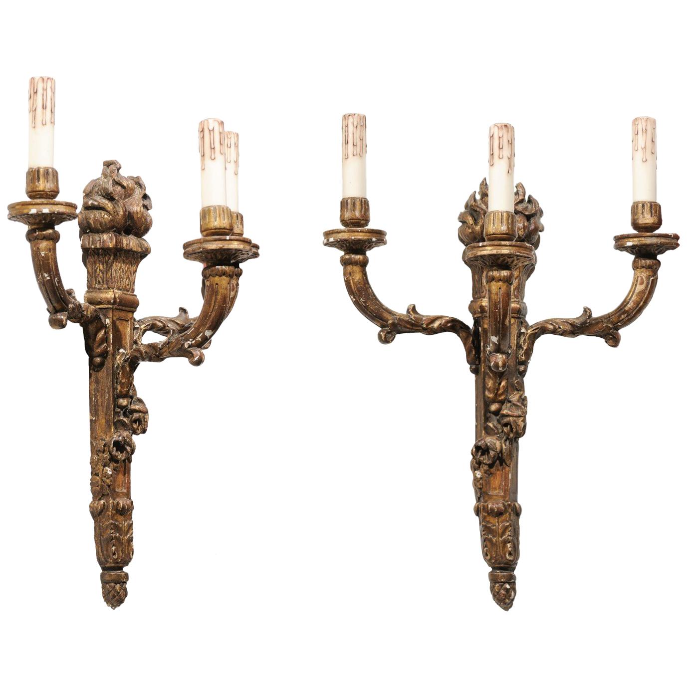 Pair of French 19th Century Louis XVI Style Carved and Gilded Wall Sconces