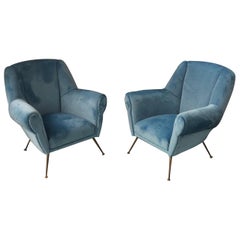 Mid-Century Modern Italian Light Blue Velvet and Brass Armchairs, 1950