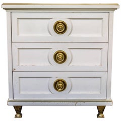 Single White Lacquered Mid-Century Modern Nightstand with Brass Trim