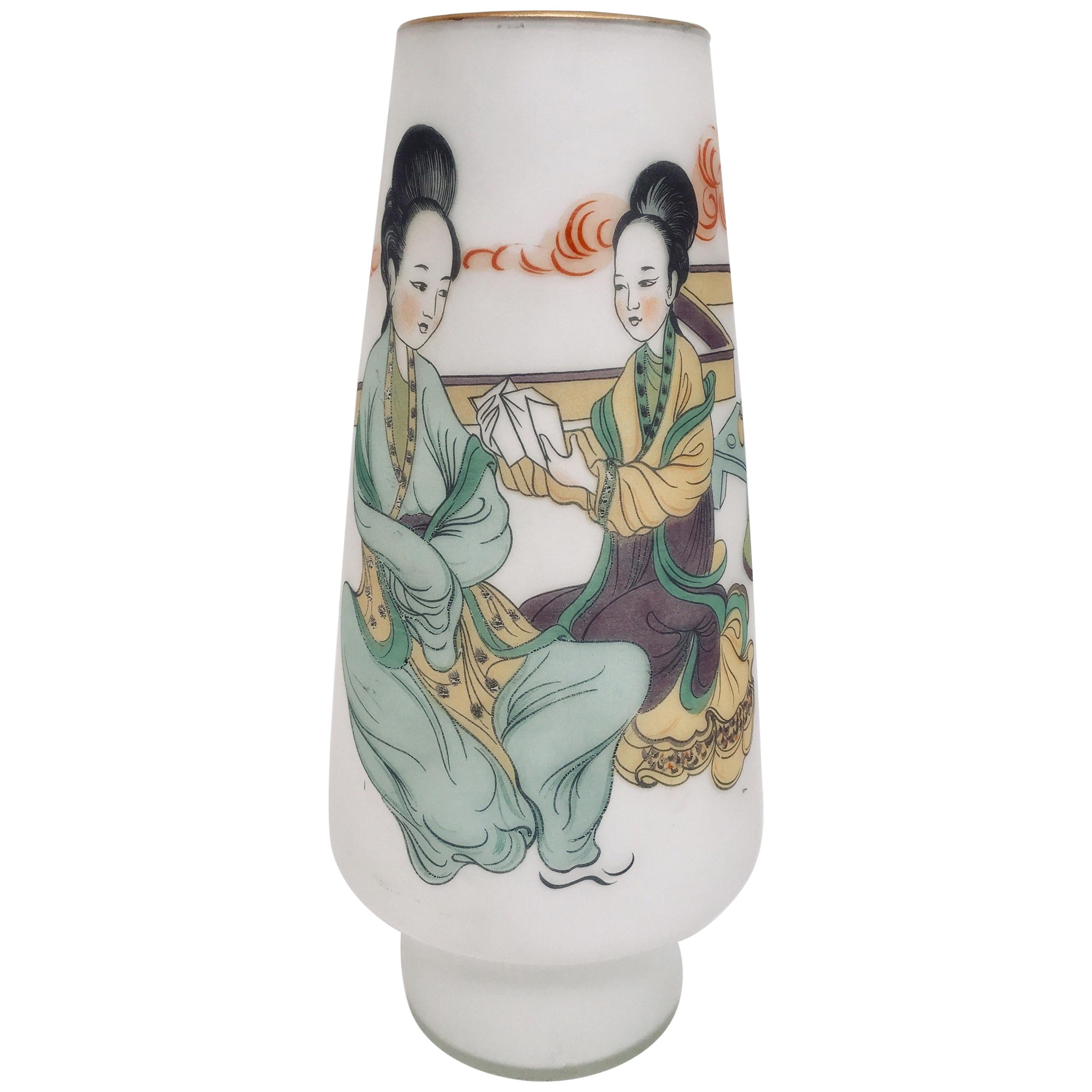 Japanese Opaline White Glass Vase Hand Painted with Geishas 1950s