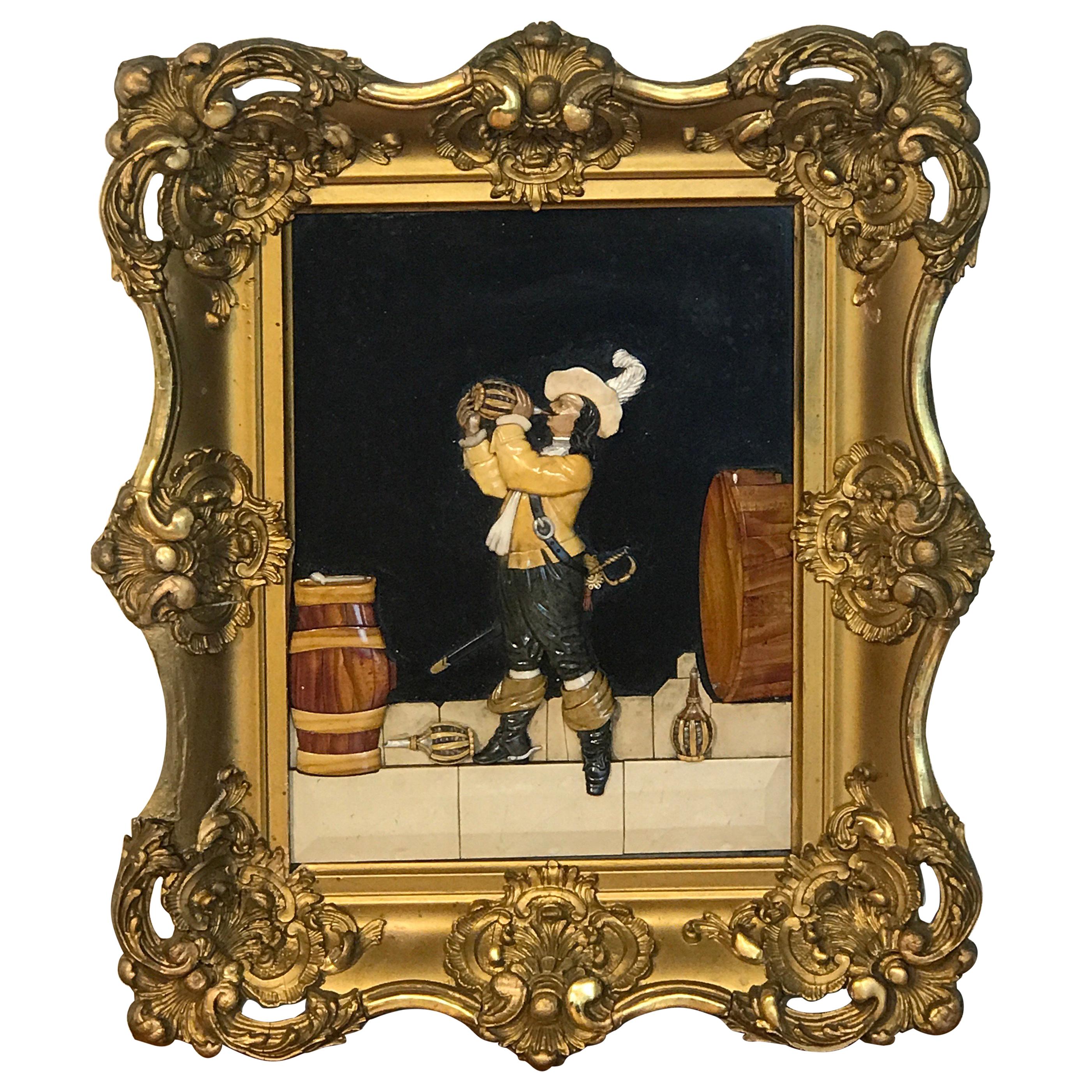 Antique Florentine Raised Pietra Dura Plaque of a Drinking Cavalier After Vinea