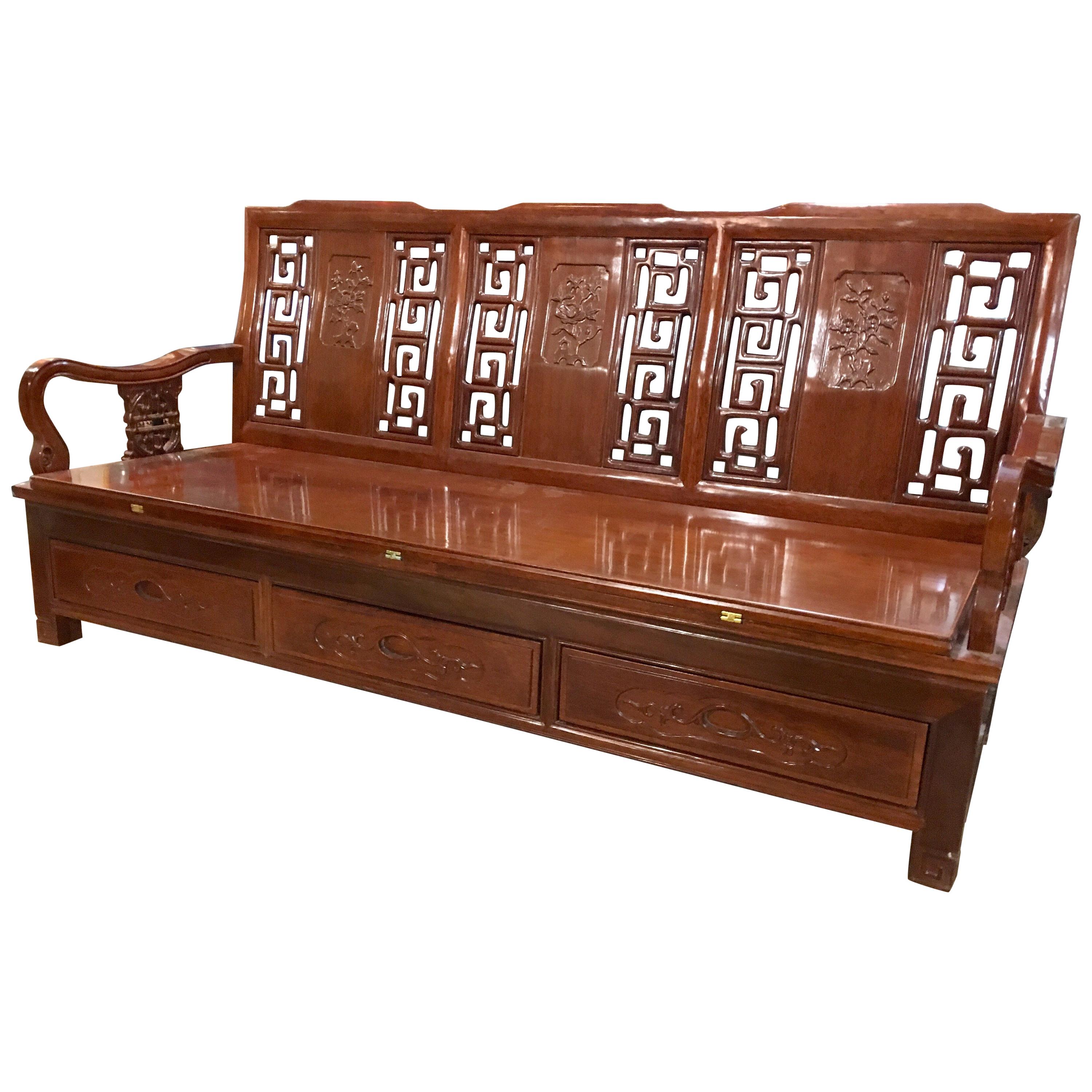 Asian Bench Carved Wood Expandable Daybed Platform Bed Settee