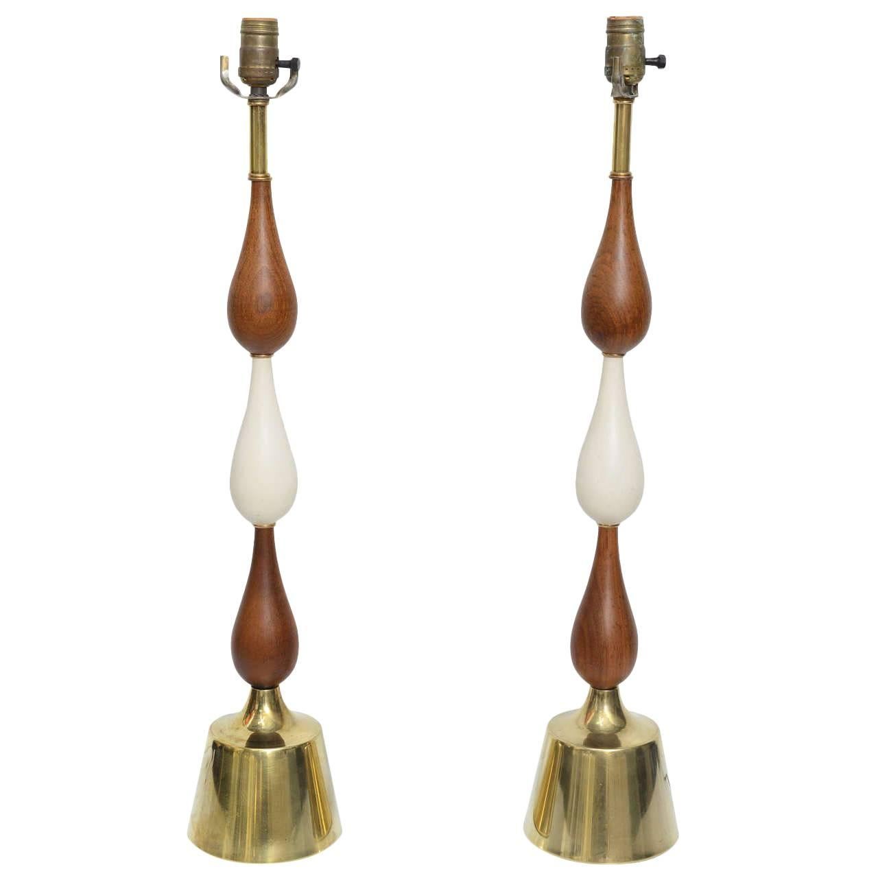 Tall Three Teardrop Form, Teak and Brass Table Lamps by Laurel, 1960s For Sale