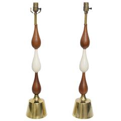 Vintage Tall Three Teardrop Form, Teak and Brass Table Lamps by Laurel, 1960s