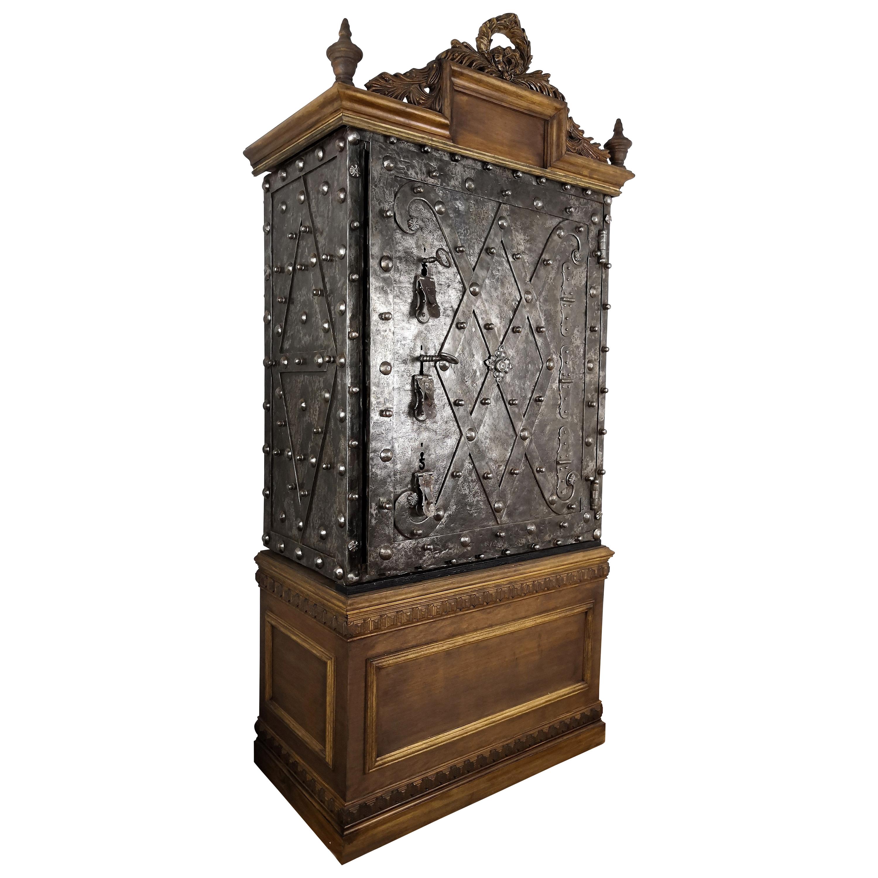 18th Century Italian Wrought Iron Hobnail Antique Safe Dry Bar Watch Cabinet