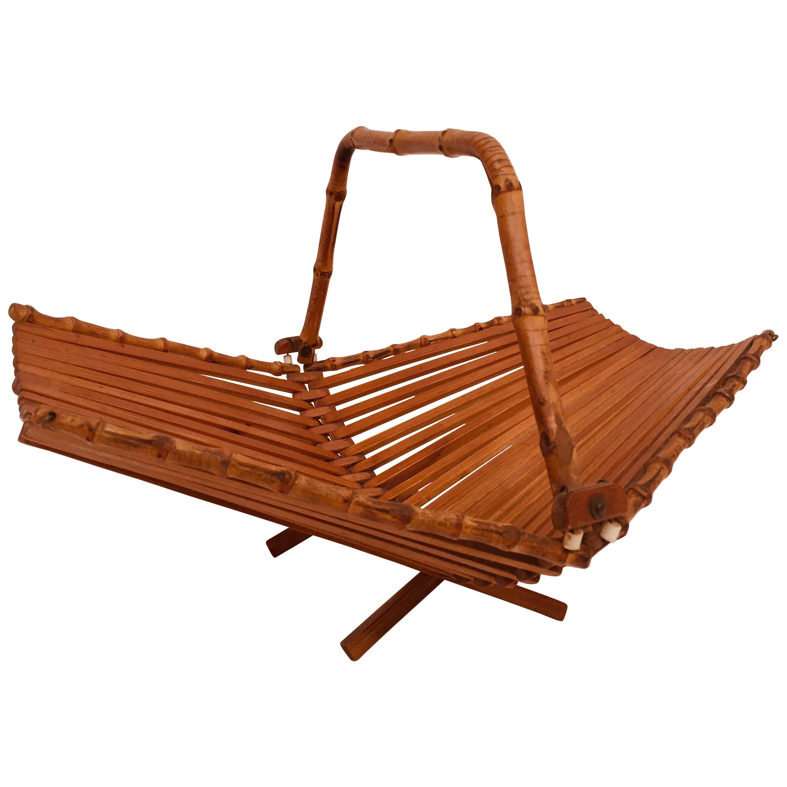 Midcentury Japanese Folding Bamboo Basket with Handle