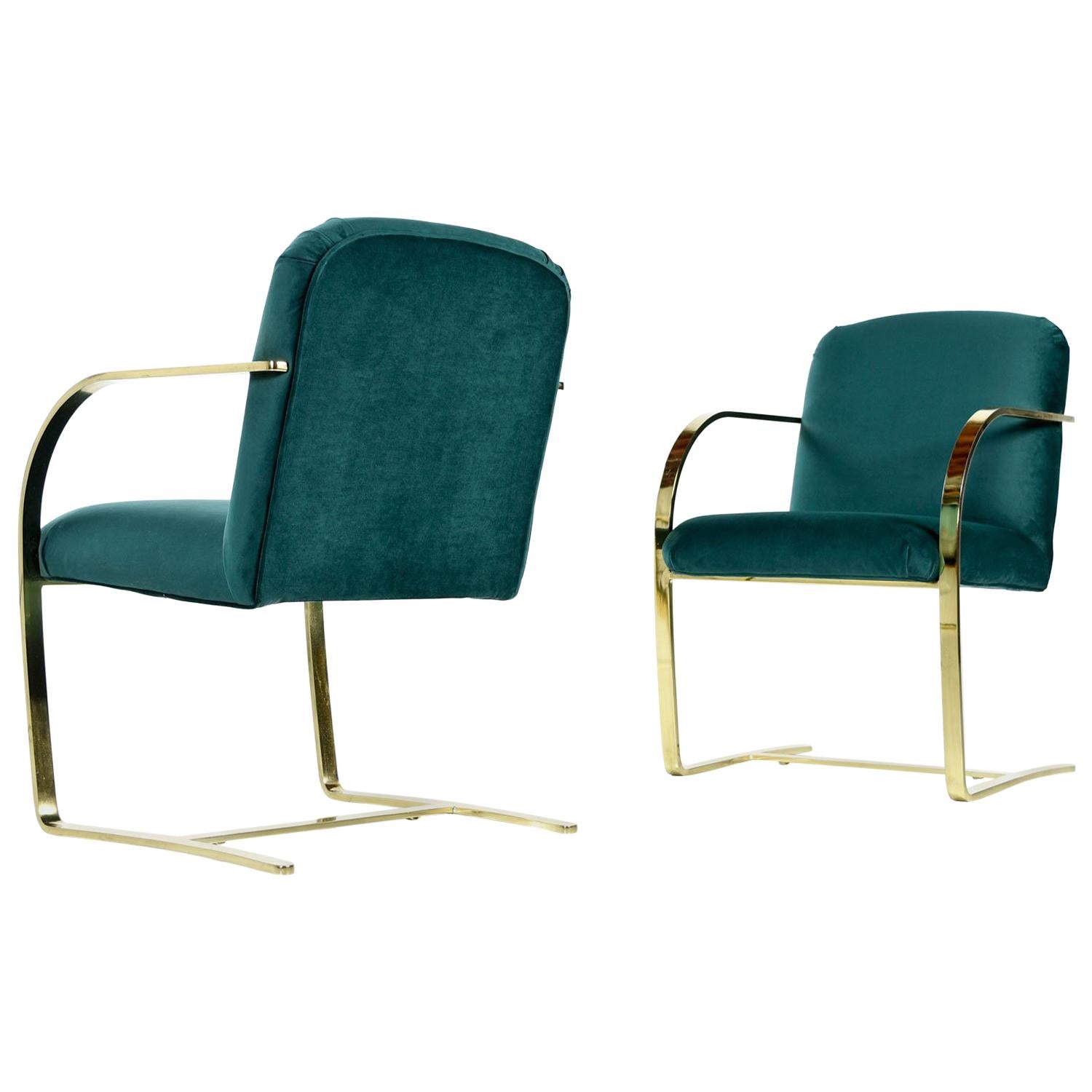 Baughman Style Forest Green Velvet Flat Bar Cantilever Brass Armchair Set of 2