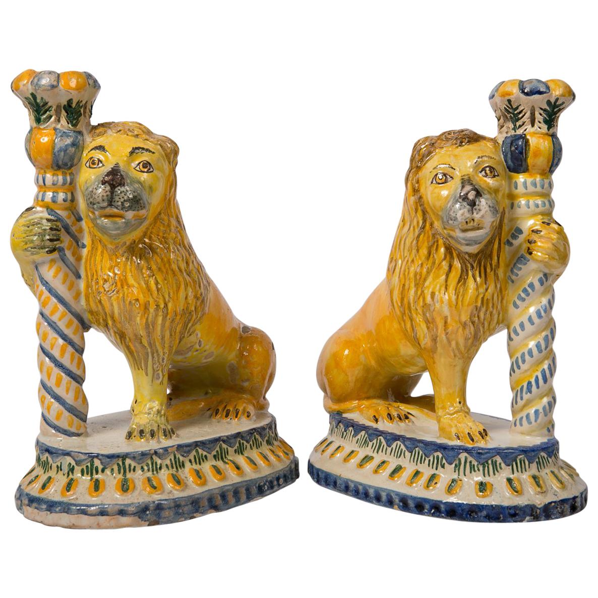 Pair of Antique Faience Lions Mid-19th Century