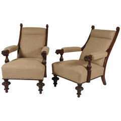 Pair of 19th Century Library Chairs with Lion's Head Carvings