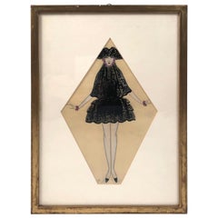Art Deco Period Fashion or Costume Drawing of a Venetian Woman