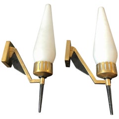 Mid-Century Modern Set of Two Brass Wood and White Glass Wall Sconces, 1950