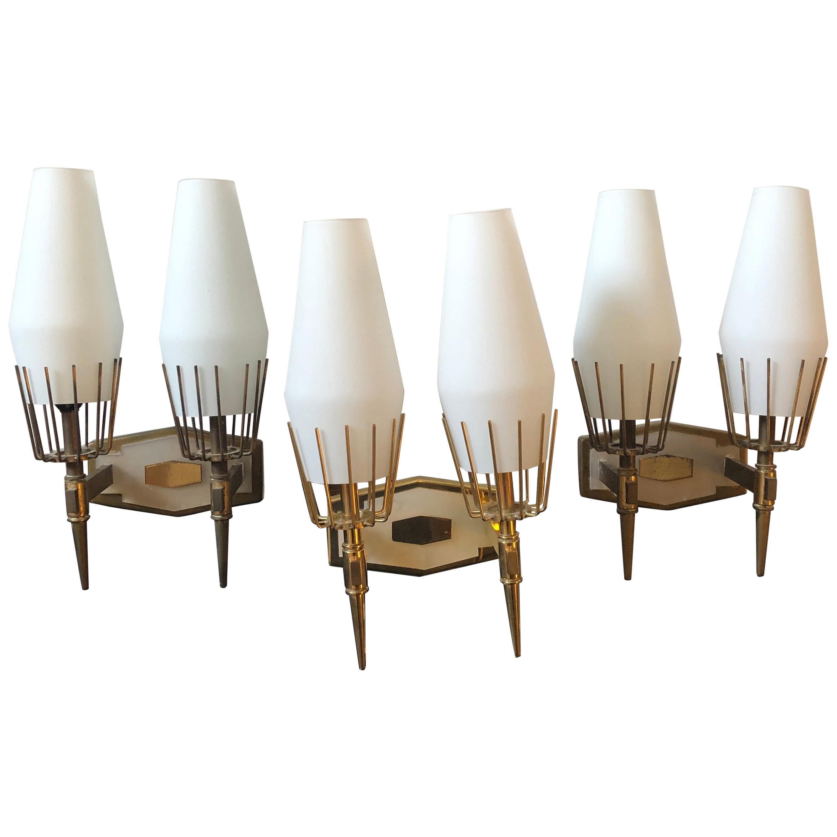 Mid-Century Modern Set of Three Brass and White Glass Italian Wall Sconces, 1950