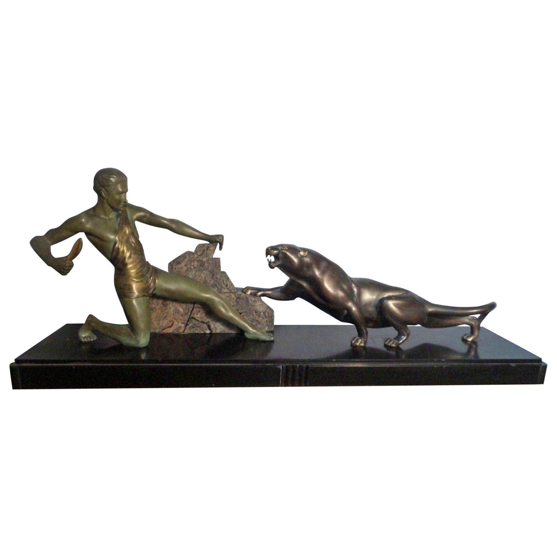 Outstanding Original Art Deco Bronze Study of Hunter and Panther by J Brault