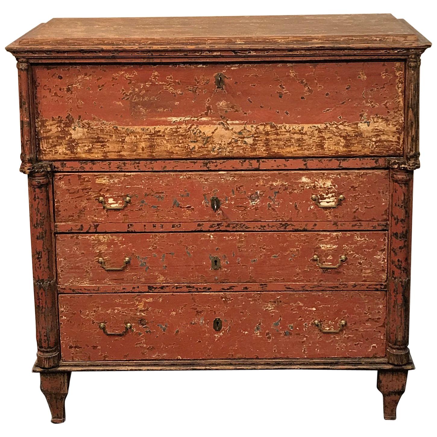 Antique Swedish Chest of Drawers with Fall-Front Top Drawer, 1850s