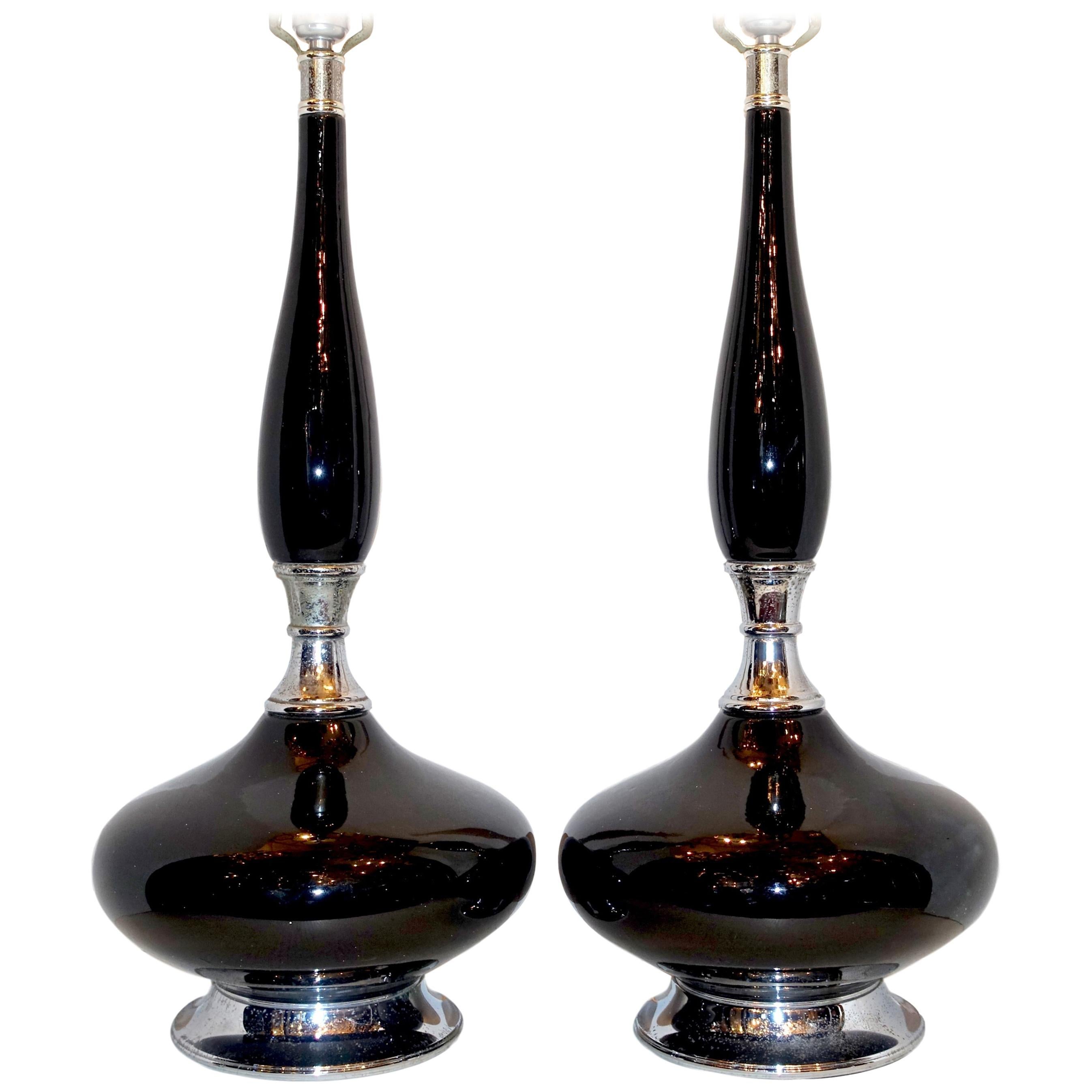 Large French Black Porcelain Lamps For Sale