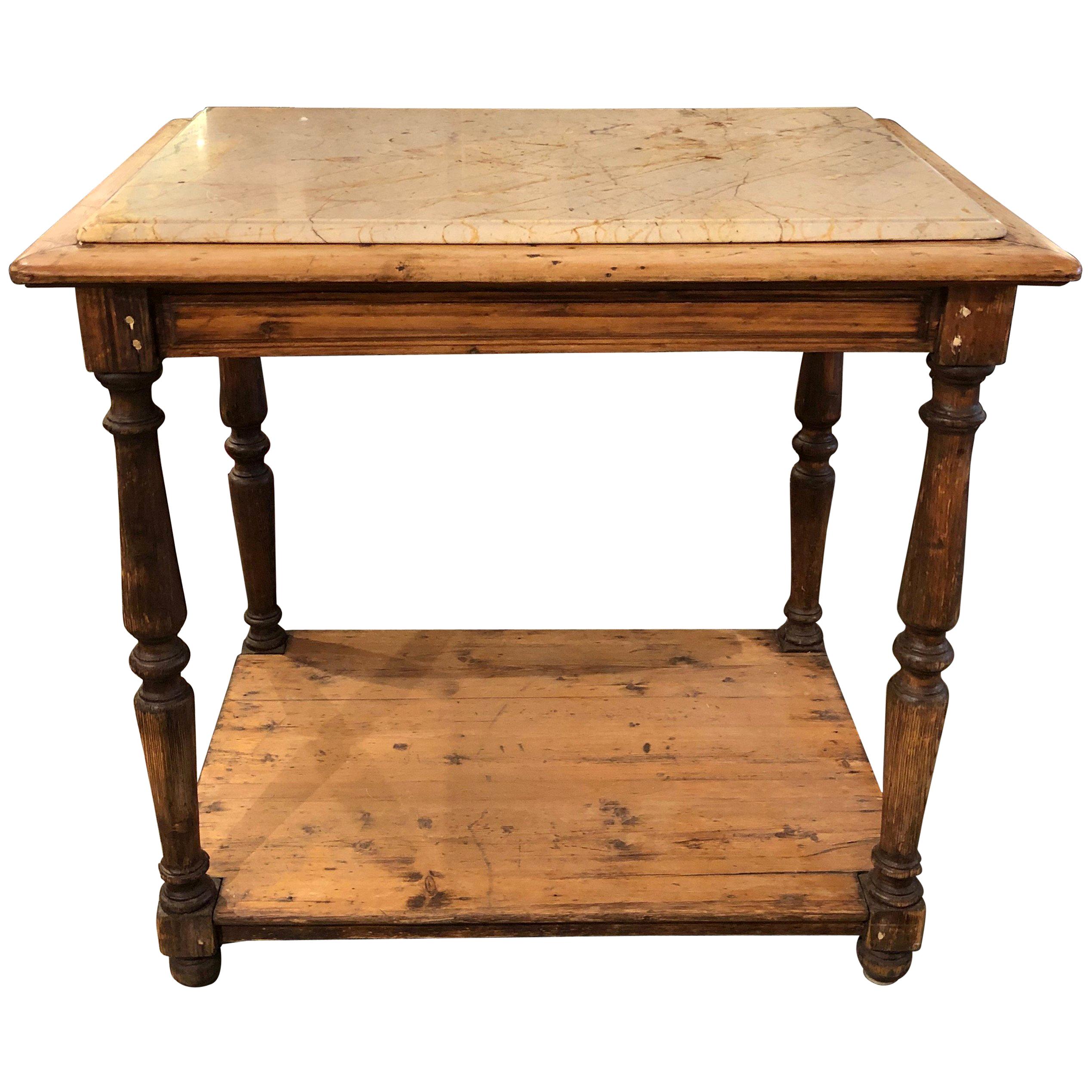19th Century French Rustic Two-Tier Oak Pastry Table with Resting Marble Top For Sale