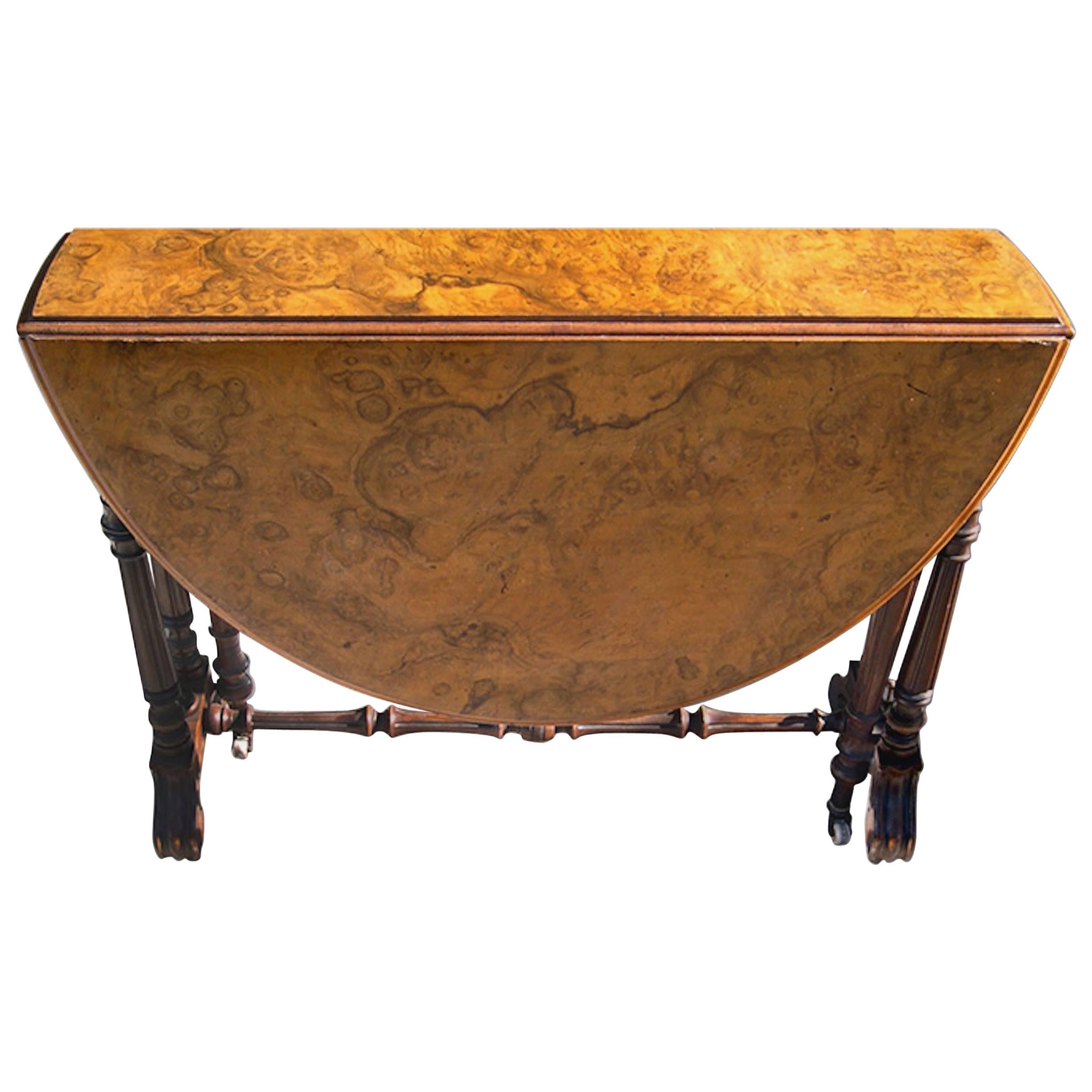 English 19th Century Burl Walnut Top, Drop-Leaf Table with Carved Legs on Wheels