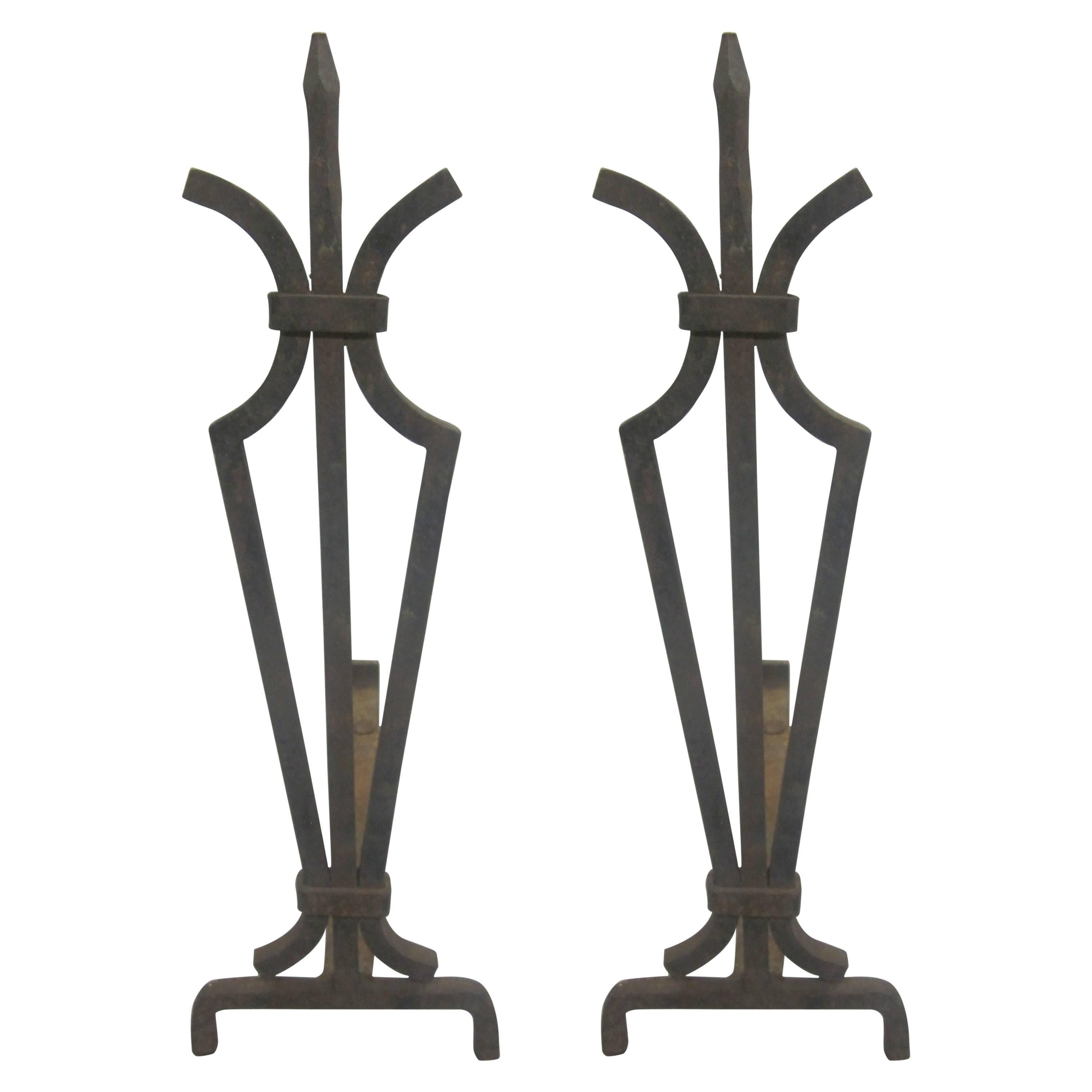 Pair of French 1940s Hand-Wrought Iron Andirons For Sale