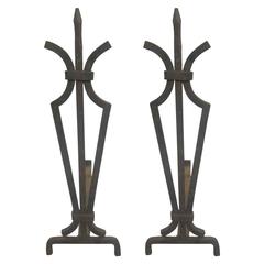 Pair of French 1940s Hand-Wrought Iron Andirons