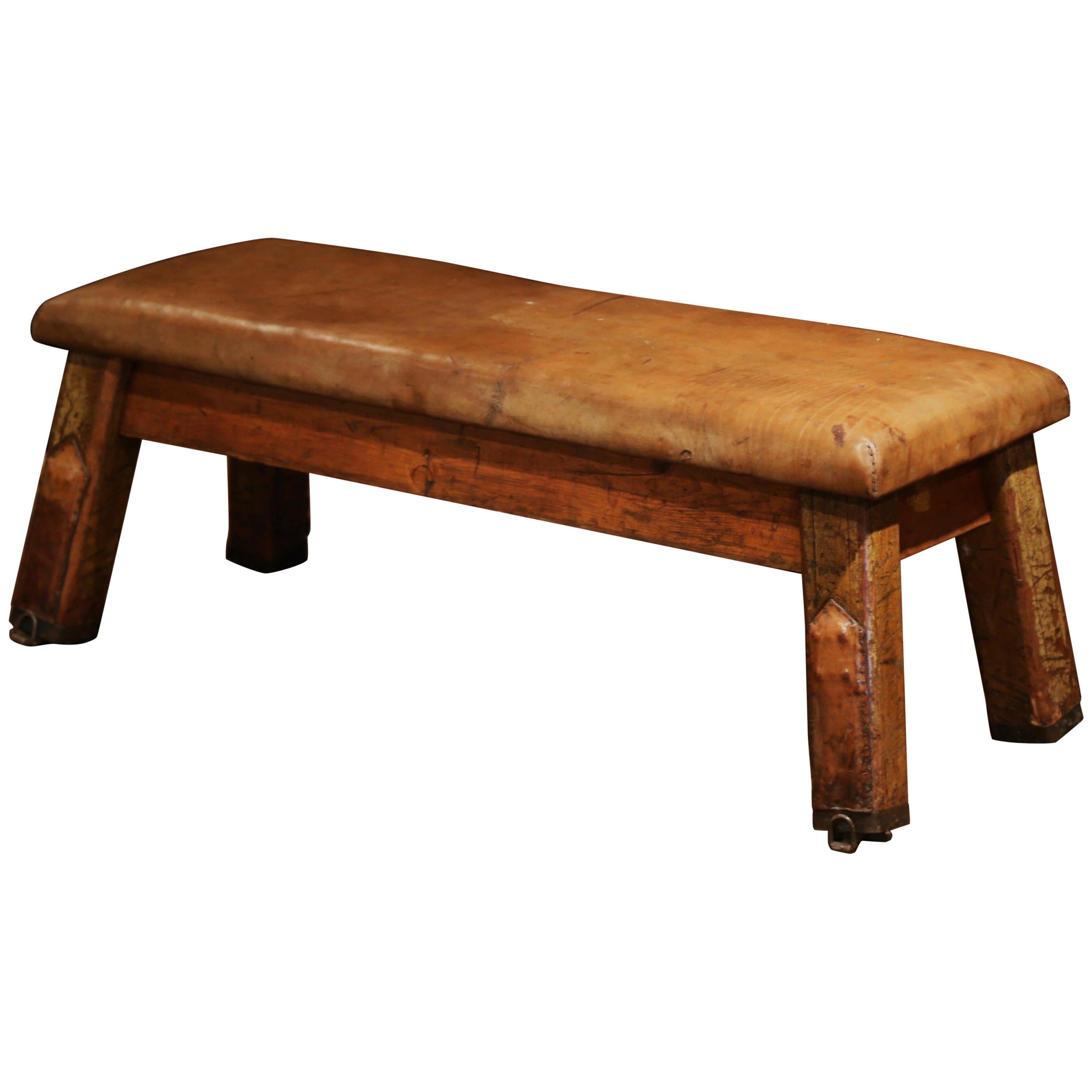 Early 20th Century Czech Four-Leg Brown Leather Training Bench