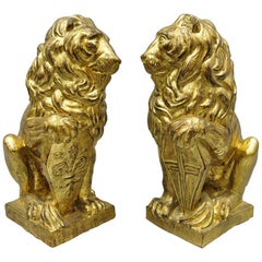 Pair of Italian Terracotta Gold Leaf Lion Statues Sculpture