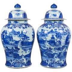 Pair of Oversized Blue and White Temple Jars