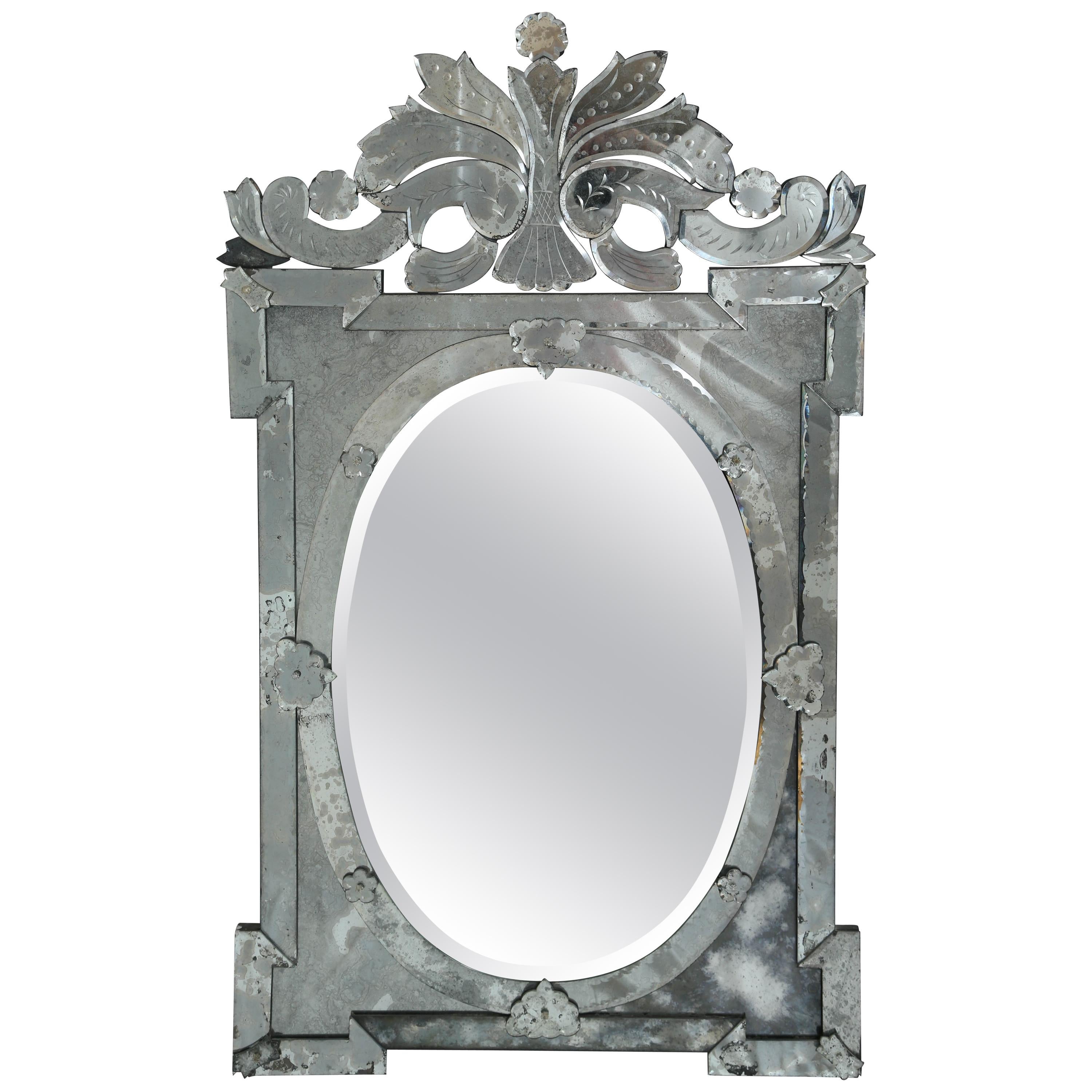 Monumental Antique Venetian Mirror with Scrolled and Hand-Etched Designs