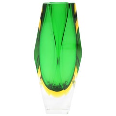 Midcentury Mandruzzato Faceted Murano Glass Emerald Green & Yellow Sommerso Vase