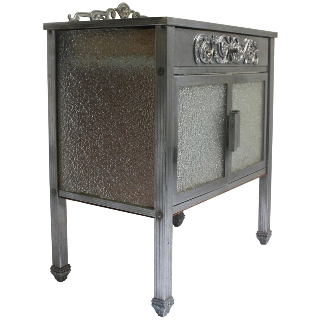 Art Deco Nickel and Glass Side Table or Small Cupboard with Double Door, 1930s  For Sale