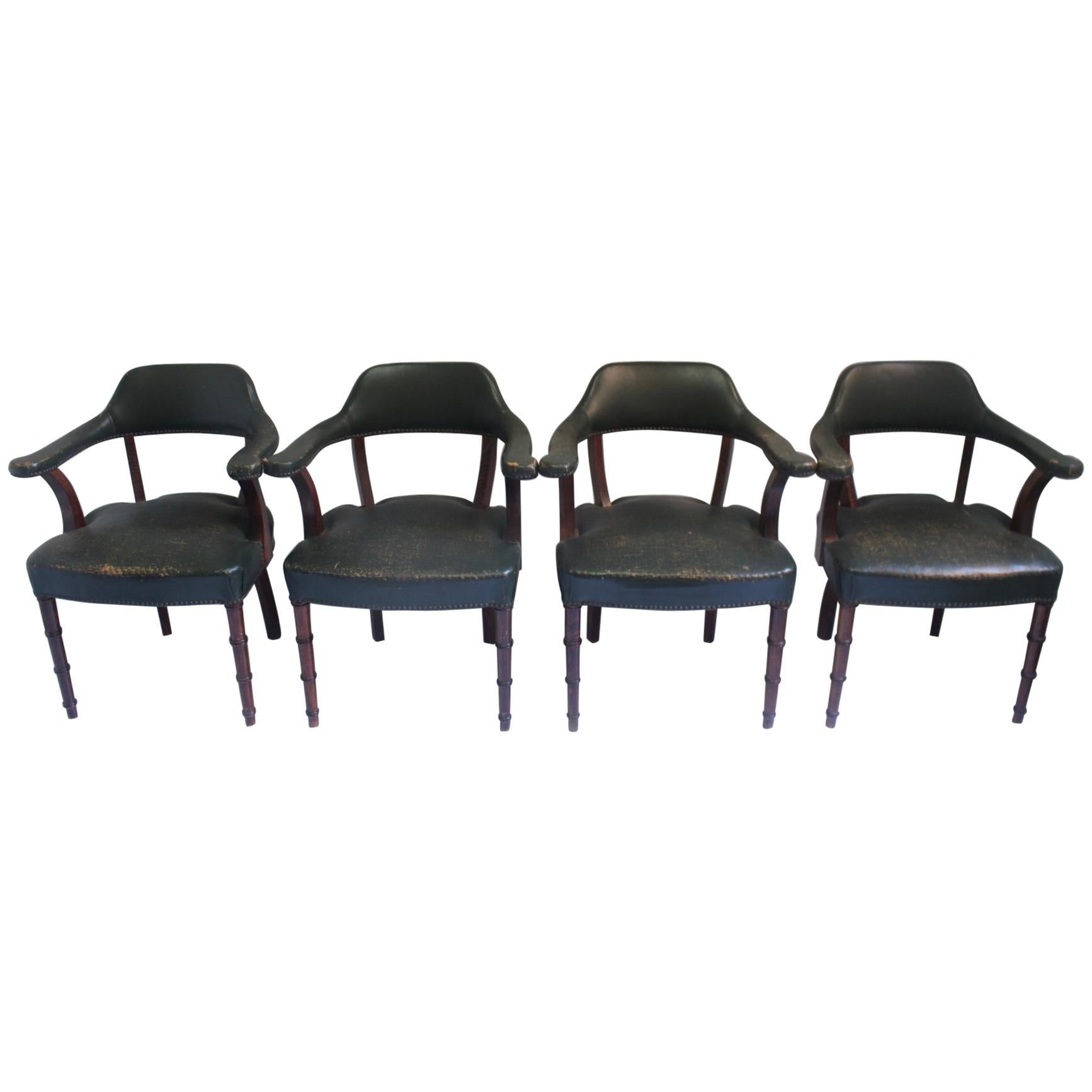  Set of 4 Midcentury Leather and Oak Armchair with Faux Bamboo Design For Sale